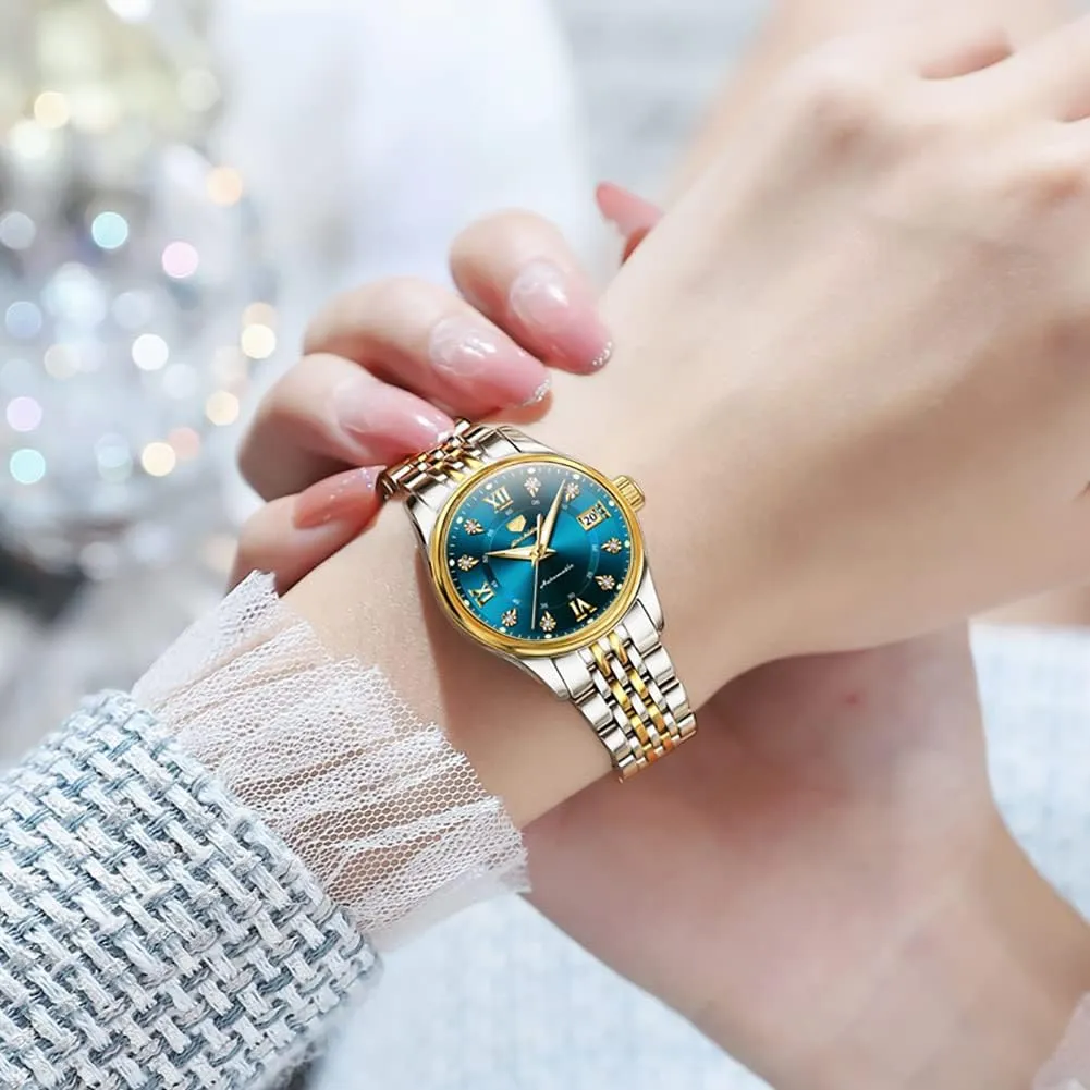 Luminous Blue dial ?? OLEVS Women's Automatic Watch Luxury Diamond Self Winding Dress Wrist Watch everlasting Moon Phase Stainless Steel Waterproof 