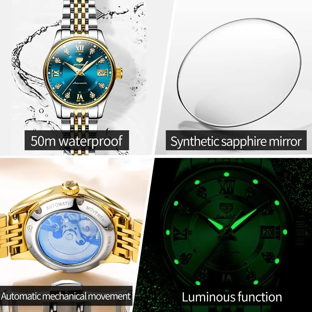 Luminous Blue dial ?? OLEVS Women's Automatic Watch Luxury Diamond Self Winding Dress Wrist Watch everlasting Moon Phase Stainless Steel Waterproof 