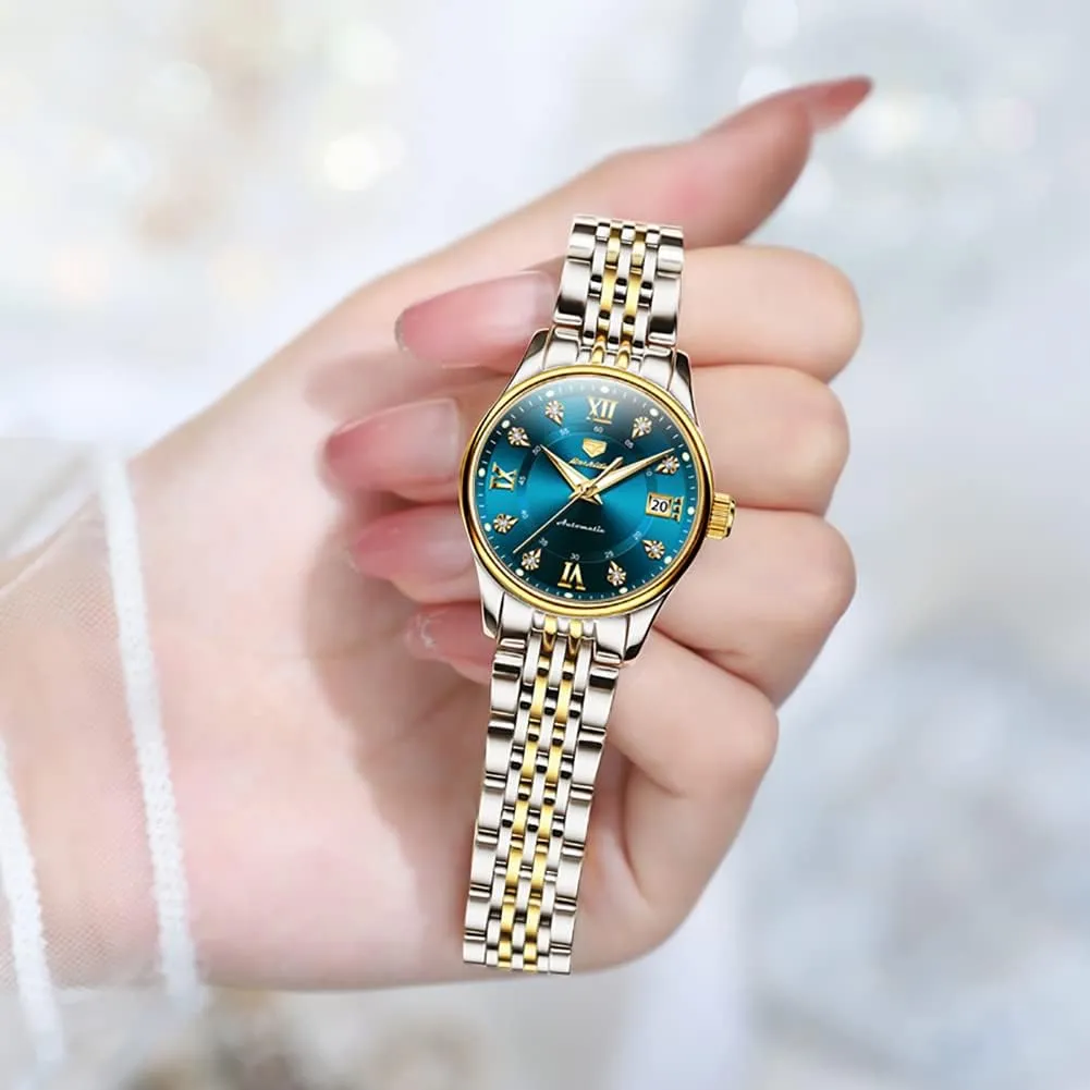 Luminous Blue dial ?? OLEVS Women's Automatic Watch Luxury Diamond Self Winding Dress Wrist Watch everlasting Moon Phase Stainless Steel Waterproof 