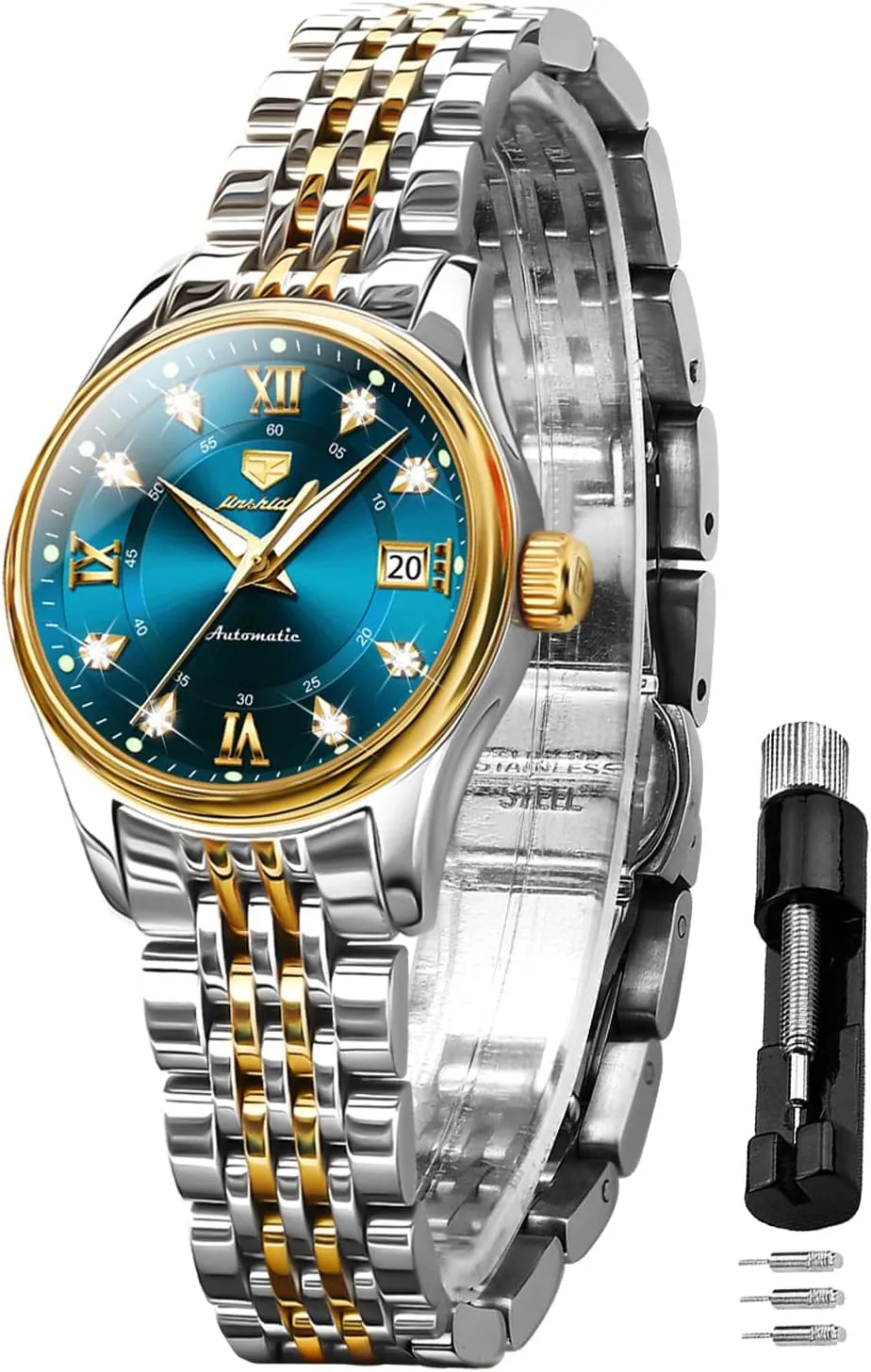 Luminous Blue dial ?? OLEVS Women's Automatic Watch Luxury Diamond Self Winding Dress Wrist Watch everlasting Moon Phase Stainless Steel Waterproof 