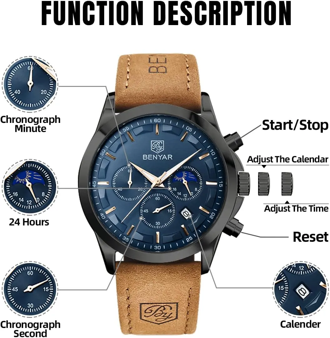 Luminous Date Watches Elegant Gift for Men BENYAR Mens Watch Analog Quartz Movement Chronograph Stylish Casual Wristwatch with chisel linear mar resist Stainless Steel Bracelets Waterproof 