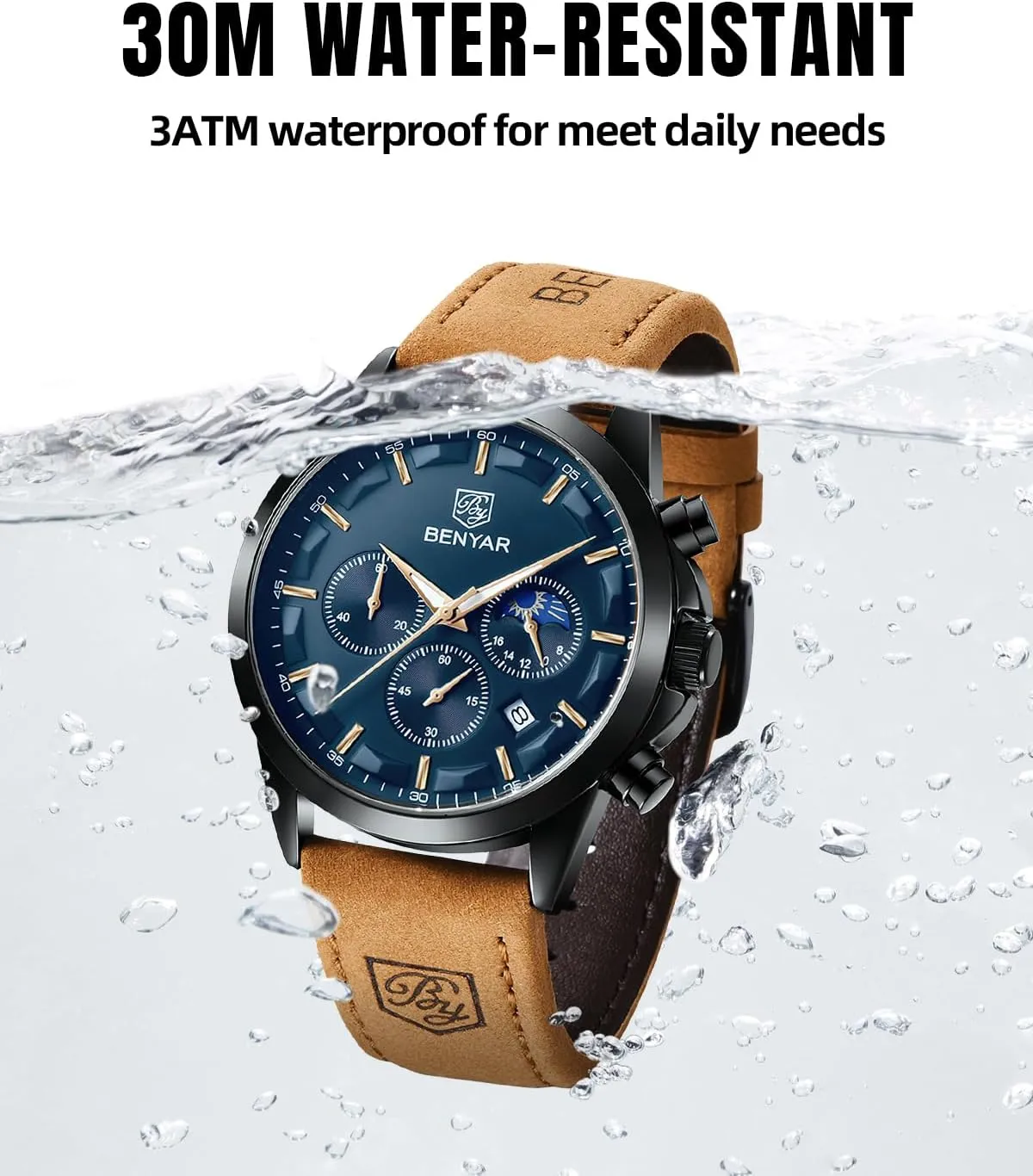 Luminous Date Watches Elegant Gift for Men BENYAR Mens Watch Analog Quartz Movement Chronograph Stylish Casual Wristwatch with chisel linear mar resist Stainless Steel Bracelets Waterproof 