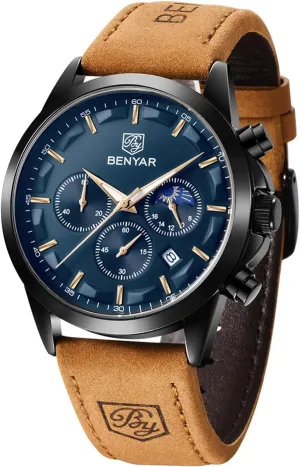 Luminous Date Watches Elegant Gift for Men BENYAR Mens Watch Analog Quartz Movement Chronograph Stylish Casual Wristwatch with chisel linear mar resist Stainless Steel Bracelets Waterproof 