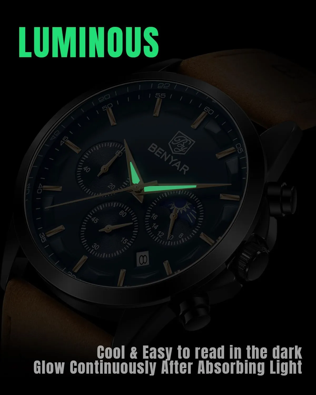 Luminous Date Watches Elegant Gift for Men BENYAR Mens Watch Analog Quartz Movement Chronograph Stylish Casual Wristwatch with chisel linear mar resist Stainless Steel Bracelets Waterproof 