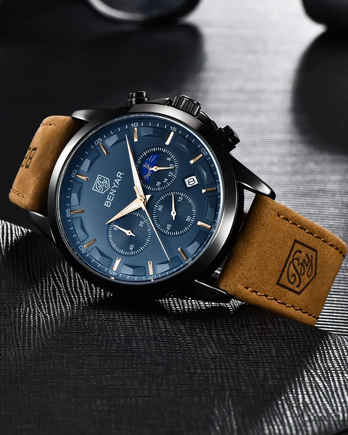 Luminous Date Watches Elegant Gift for Men BENYAR Mens Watch Analog Quartz Movement Chronograph Stylish Casual Wristwatch with chisel linear mar resist Stainless Steel Bracelets Waterproof 