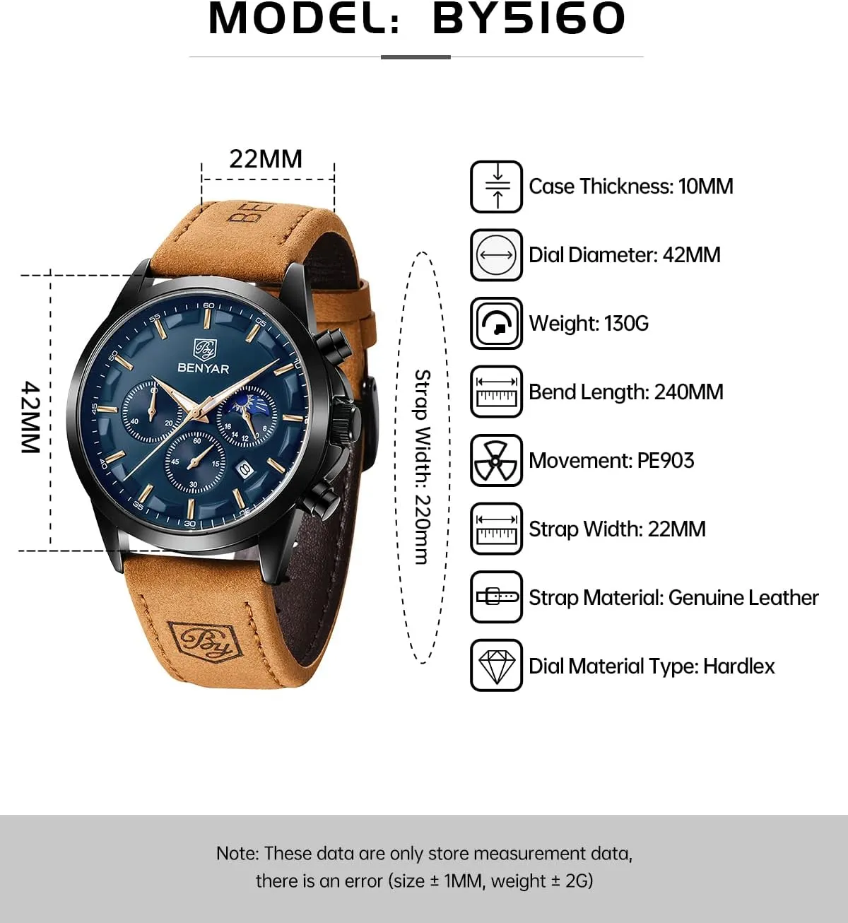 Luminous Date Watches Elegant Gift for Men BENYAR Mens Watch Analog Quartz Movement Chronograph Stylish Casual Wristwatch with chisel linear mar resist Stainless Steel Bracelets Waterproof 