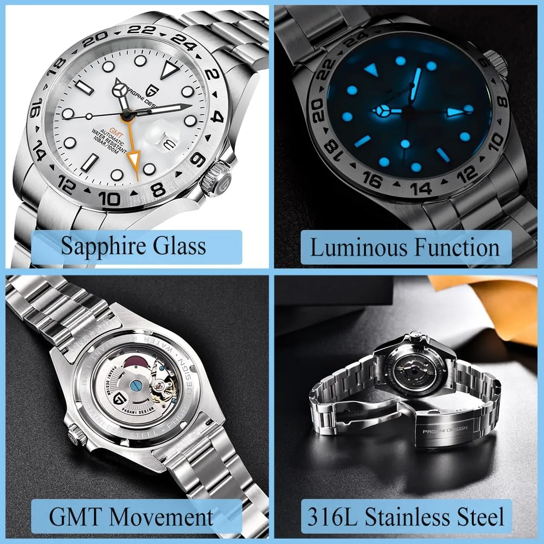 Luminous Men's Wrist dissenter enlarge core pot Watches CEYADG Pagani Design Watches for Men Automatic Mechanical GMT Watch Analog Sapphire Glass Stainless Steel Sport Waterproof 