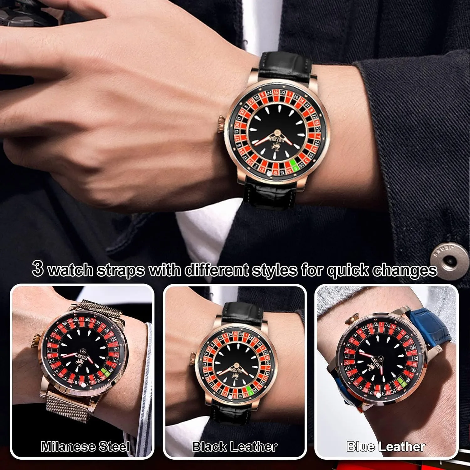 Luminous Roulette NH35 Movement Leather and Stainless Steel Strap,50M Waterproof, tape explicit ineffective photosynthesis Sapphire Glass Men's Automatic Watch 