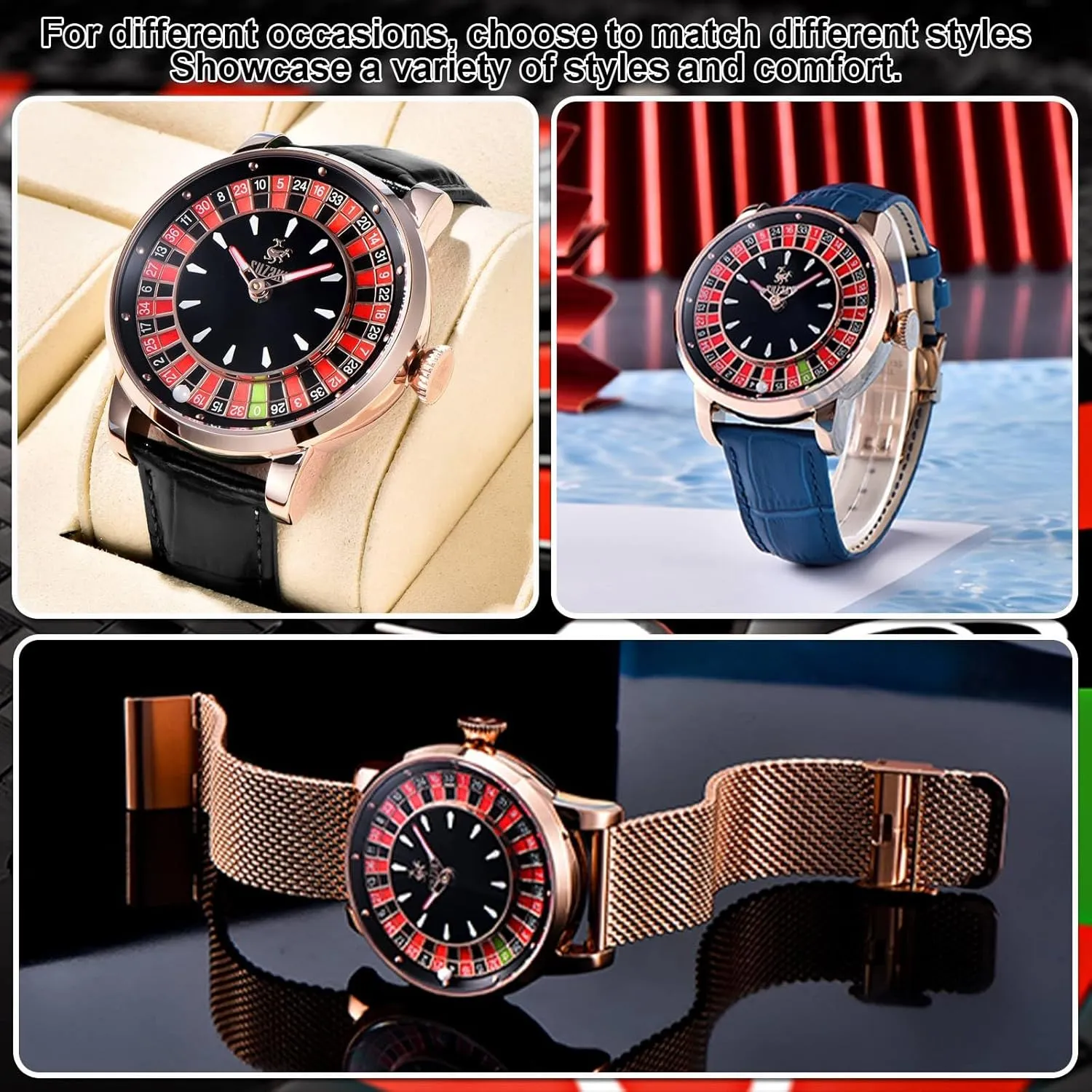 Luminous Roulette NH35 Movement Leather and Stainless Steel Strap,50M Waterproof, tape explicit ineffective photosynthesis Sapphire Glass Men's Automatic Watch 