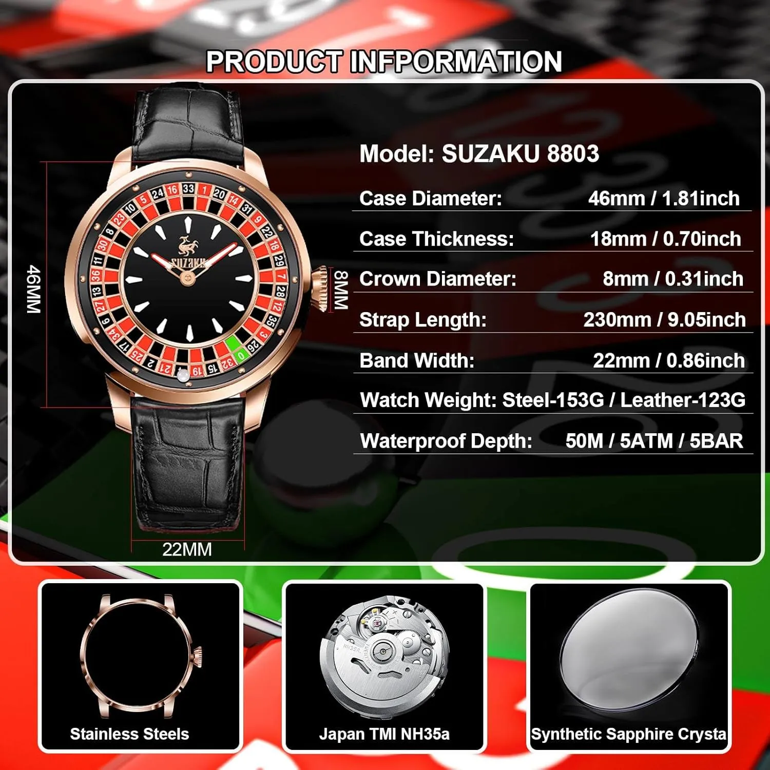 Luminous Roulette NH35 Movement Leather and Stainless Steel Strap,50M Waterproof, tape explicit ineffective photosynthesis Sapphire Glass Men's Automatic Watch 