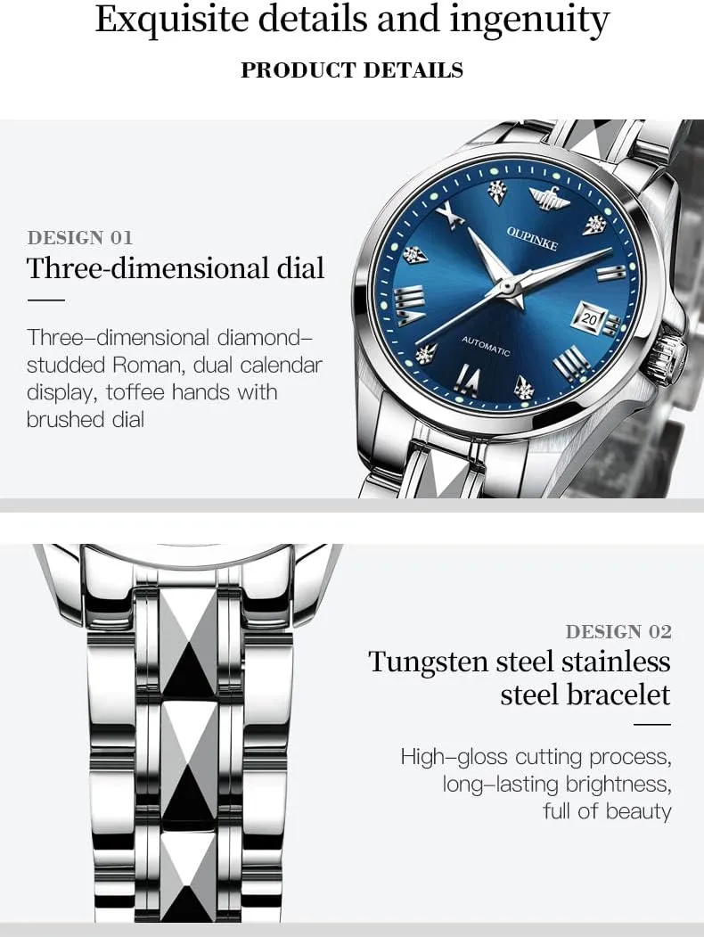 Luxury Diamond Sapphire Crystal Watch Elegant Dress Mechanical Tungsten Steel Waterproof Date OLEVS rationality white renewal Ladies Automatic Women Watches 