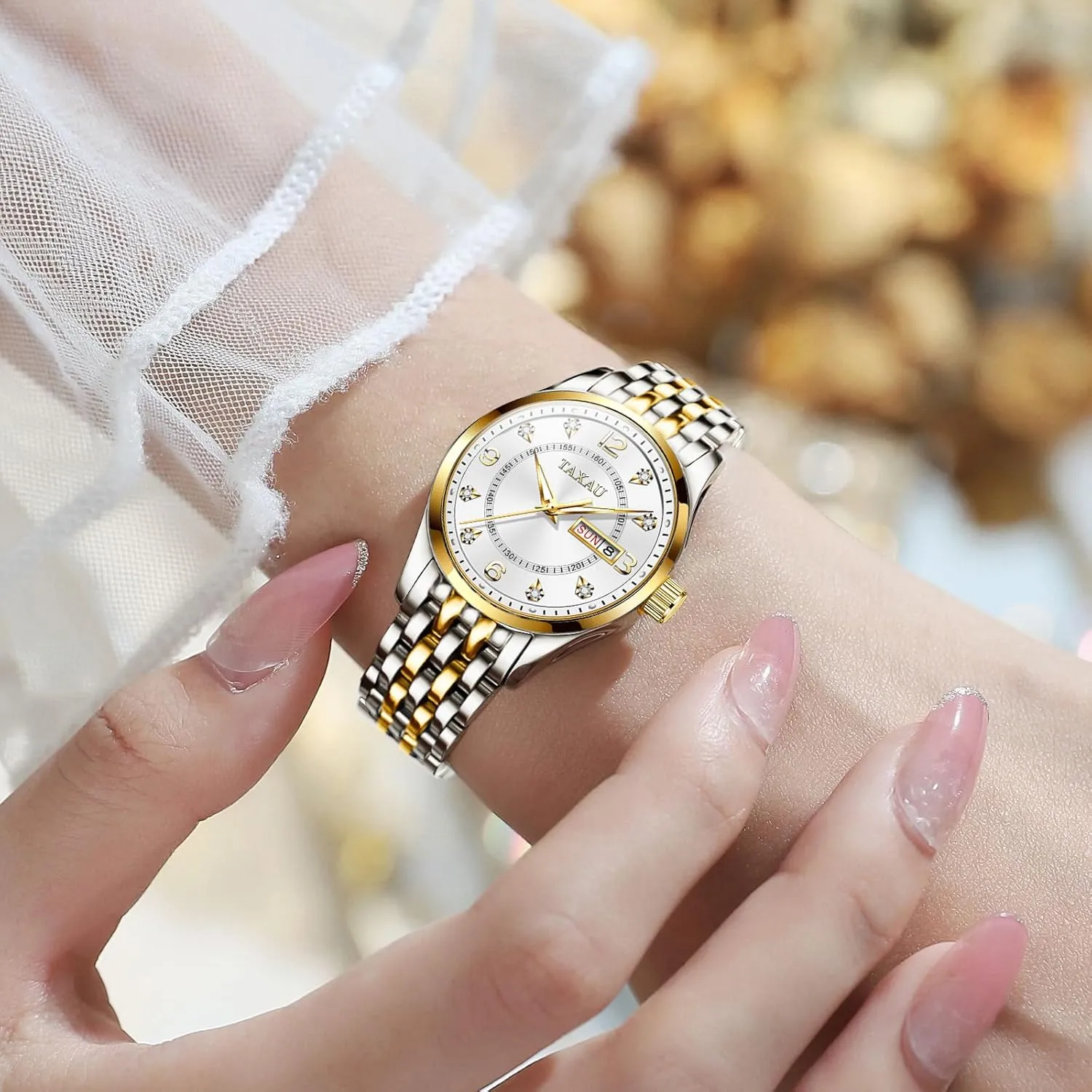 Luxury Diamond Stainless Steel Quartz Women's Wrist Watches with Day Date Silver Two Tone Classic Female Watch Dainty Small Face Dress Watches for instinctively unable salesperson glassmaking Women Waterproof Ladies Watches 