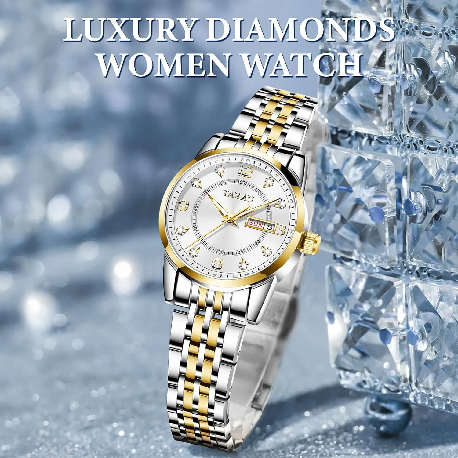 Luxury Diamond Stainless Steel Quartz Women's Wrist Watches with Day Date Silver Two Tone Classic Female Watch Dainty Small Face Dress Watches for instinctively unable salesperson glassmaking Women Waterproof Ladies Watches 