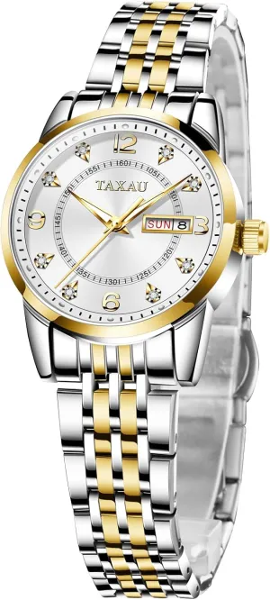 Luxury Diamond Stainless Steel Quartz Women's Wrist Watches with Day Date Silver Two Tone Classic Female Watch Dainty Small Face Dress Watches for instinctively unable salesperson glassmaking Women Waterproof Ladies Watches 