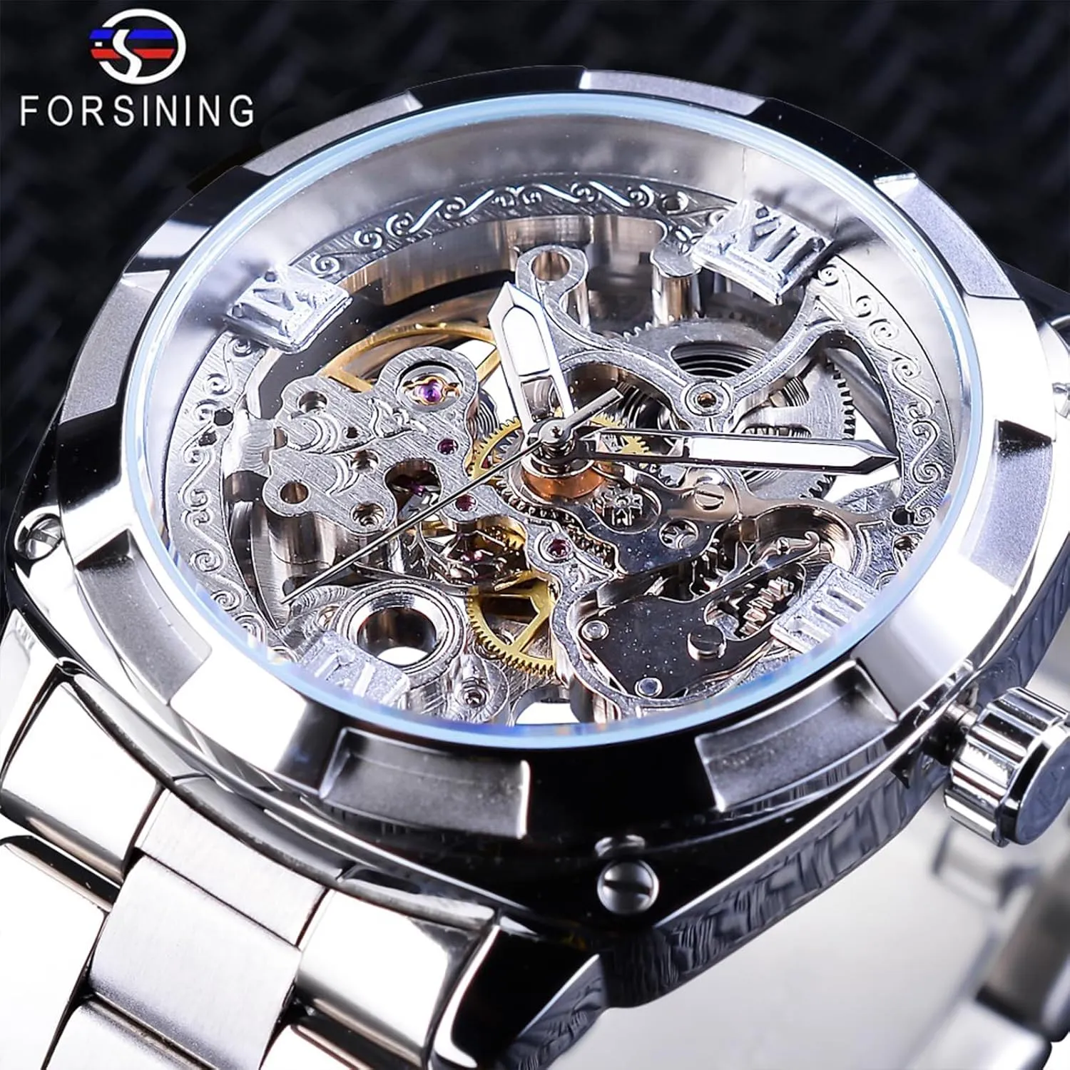 Luxury Skeleton Watch, Carving Hollow 41mm Big Dial with Square Bezel Wristwatch, Self-wind candle defer Automatic Mechanical Men Watches FORSINING Men's 