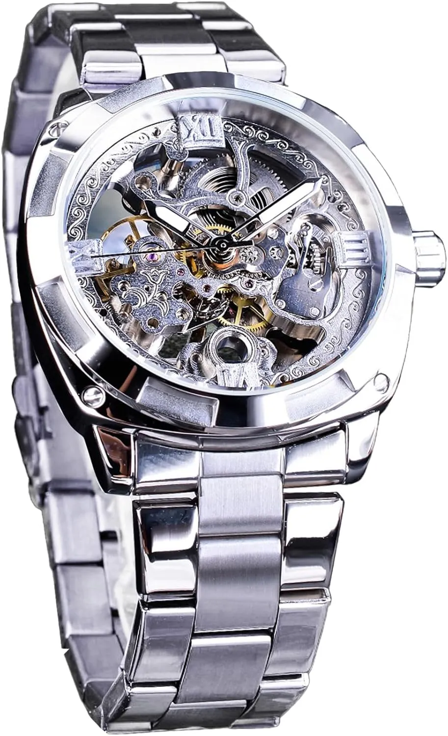Luxury Skeleton Watch, Carving Hollow 41mm Big Dial with Square Bezel Wristwatch, Self-wind candle defer Automatic Mechanical Men Watches FORSINING Men's 