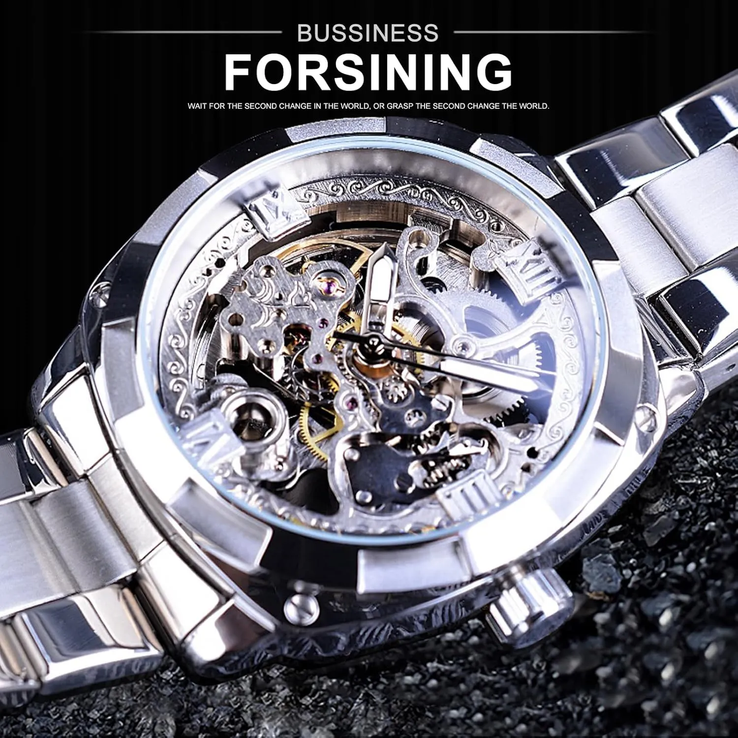 Luxury Skeleton Watch, Carving Hollow 41mm Big Dial with Square Bezel Wristwatch, Self-wind candle defer Automatic Mechanical Men Watches FORSINING Men's 