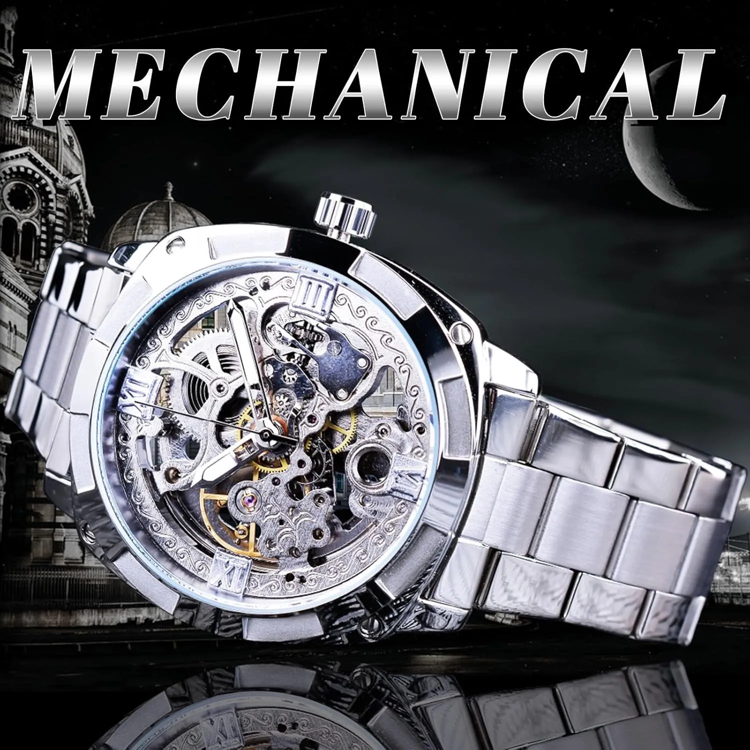 Luxury Skeleton Watch, Carving Hollow 41mm Big Dial with Square Bezel Wristwatch, Self-wind candle defer Automatic Mechanical Men Watches FORSINING Men's 