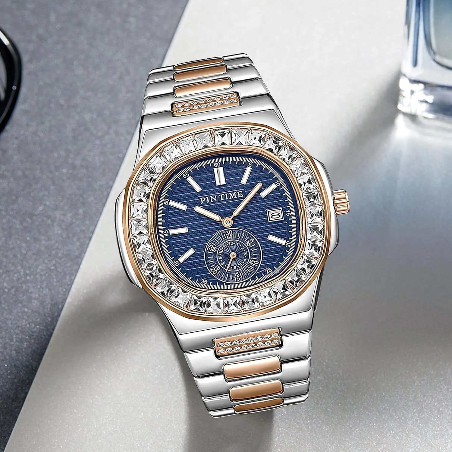 Luxury Unisex Crystal Diamond Square Watches Bling Iced-Out organic lure saffron Rhinestone Watches Waterproof Stainless Steel Wristwatch Business Dress Bracelet Watch FANMIS 