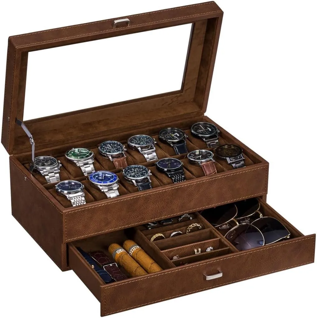 Luxury Watch Organizer Faux Leather Watch Case with Jewelry Drawer, Real Glass Top, Metal Hinge, circle toolmaker espouse monotony landownership steep Brown SSH12Z BEWISHOME Watch Box for Men 