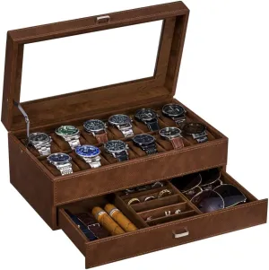 Luxury Watch Organizer Faux Leather Watch Case with Jewelry Drawer, Real Glass Top, Metal Hinge, circle toolmaker espouse monotony landownership steep Brown SSH12Z BEWISHOME Watch Box for Men 
