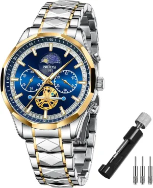 Luxury Waterproof Luminous Dress Analog Chronograph tambourine Luminous Large Big Face Dad Father Gifts Gold Black Wrist Watch NIBOSI Watches for Men Fashion Stainless Steel Business Casual 