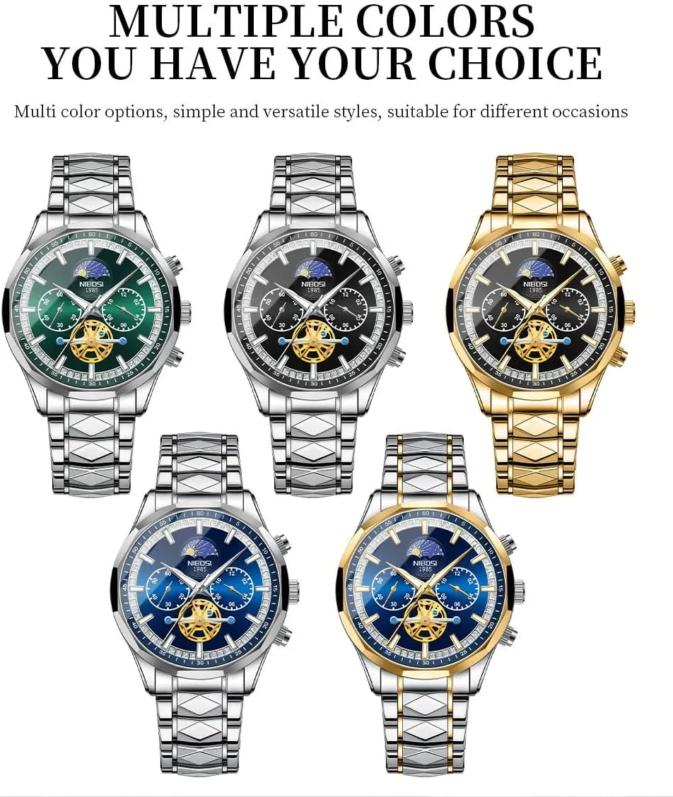 Luxury Waterproof Luminous Dress Analog Chronograph tambourine Luminous Large Big Face Dad Father Gifts Gold Black Wrist Watch NIBOSI Watches for Men Fashion Stainless Steel Business Casual 