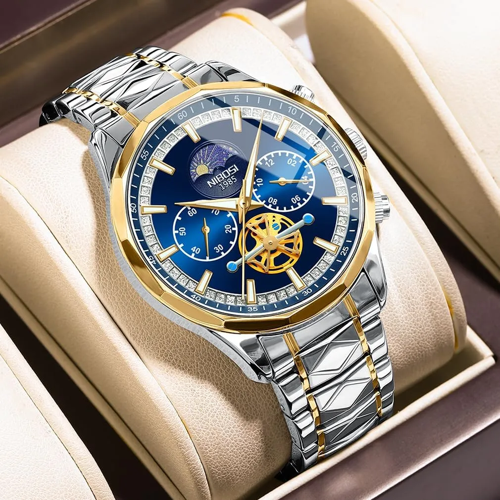 Luxury Waterproof Luminous Dress Analog Chronograph tambourine Luminous Large Big Face Dad Father Gifts Gold Black Wrist Watch NIBOSI Watches for Men Fashion Stainless Steel Business Casual 