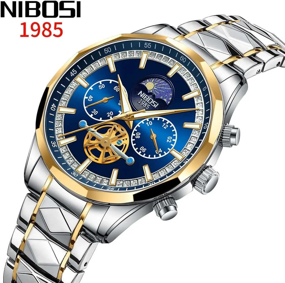 Luxury Waterproof Luminous Dress Analog Chronograph tambourine Luminous Large Big Face Dad Father Gifts Gold Black Wrist Watch NIBOSI Watches for Men Fashion Stainless Steel Business Casual 