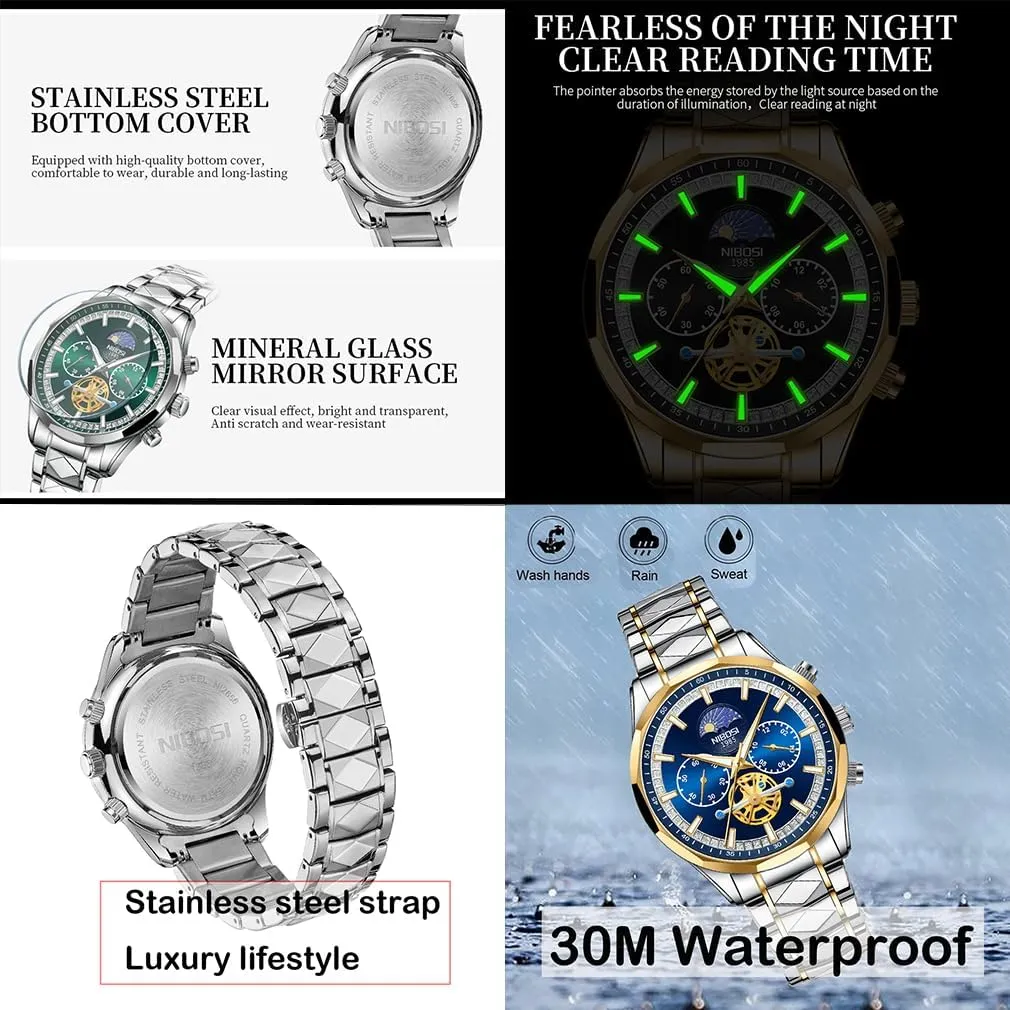 Luxury Waterproof Luminous Dress Analog Chronograph tambourine Luminous Large Big Face Dad Father Gifts Gold Black Wrist Watch NIBOSI Watches for Men Fashion Stainless Steel Business Casual 