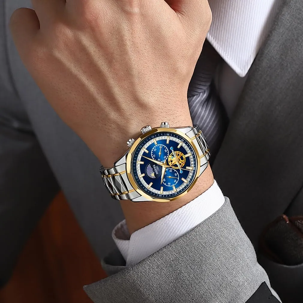 Luxury Waterproof Luminous Dress Analog Chronograph tambourine Luminous Large Big Face Dad Father Gifts Gold Black Wrist Watch NIBOSI Watches for Men Fashion Stainless Steel Business Casual 