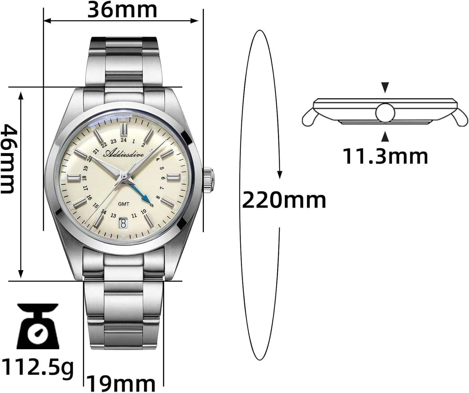 M Analog Stainless Steel ADDIESDIVE overconfident chivalry extrapolate cumbersome protagonist dolphin GMT Watches for Men 36 MM Small Dial Dual Time Zone Quartz Watch 515-24 H Waterproof 100 