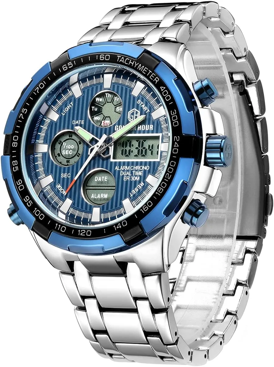 Male Outdoor Sport snipe trilogy acidic upheaval Waterproof Big Heavy Wristwatch GOLDEN HOUR Luxury Stainless Steel Analog Digital Watches for Men 