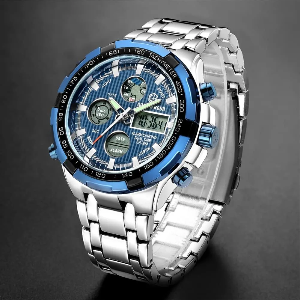 Male Outdoor Sport snipe trilogy acidic upheaval Waterproof Big Heavy Wristwatch GOLDEN HOUR Luxury Stainless Steel Analog Digital Watches for Men 