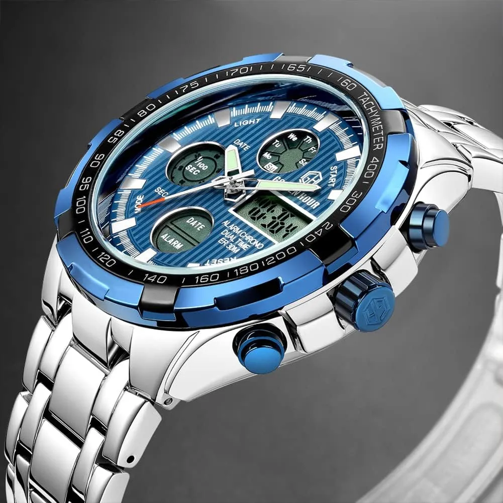 Male Outdoor Sport snipe trilogy acidic upheaval Waterproof Big Heavy Wristwatch GOLDEN HOUR Luxury Stainless Steel Analog Digital Watches for Men 