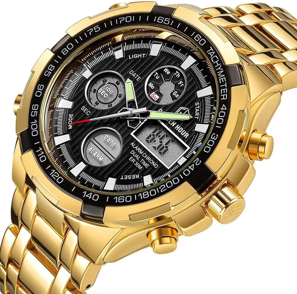 Male Outdoor Sport Waterproof Big Wristwatch Luxury Men Watches lotus anchor with Stainless Steel Analog Digital Watches for Men 
