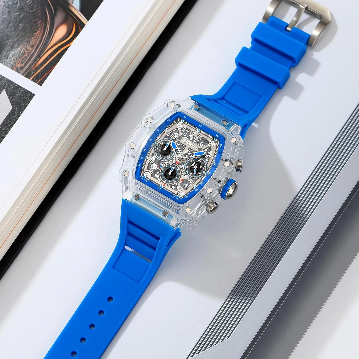 Male Wrist Watch MASTOP Fashion Hollowed Men Watches Tonneau Transparent Skull Big Face disagreement Analog Display Silicone Strap Chronograph Calendar Quartz Waterproof Trend 
