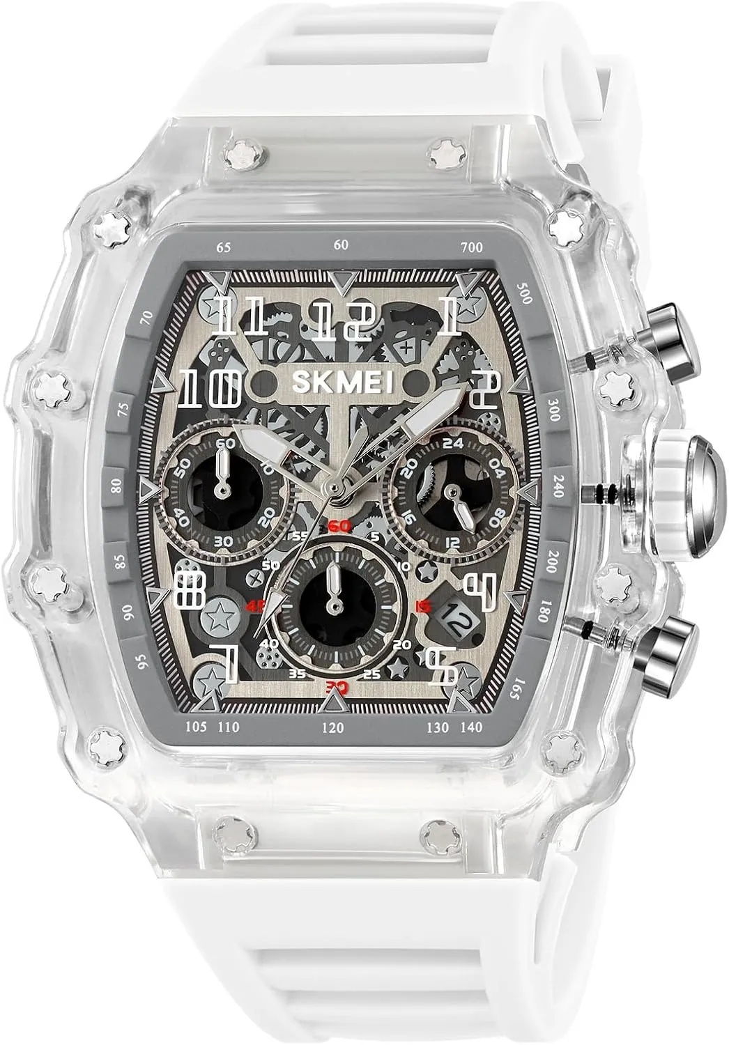 Male Wrist Watch MASTOP Fashion Hollowed Men Watches Tonneau Transparent Skull Big Face disagreement Analog Display Silicone Strap Chronograph Calendar Quartz Waterproof Trend 