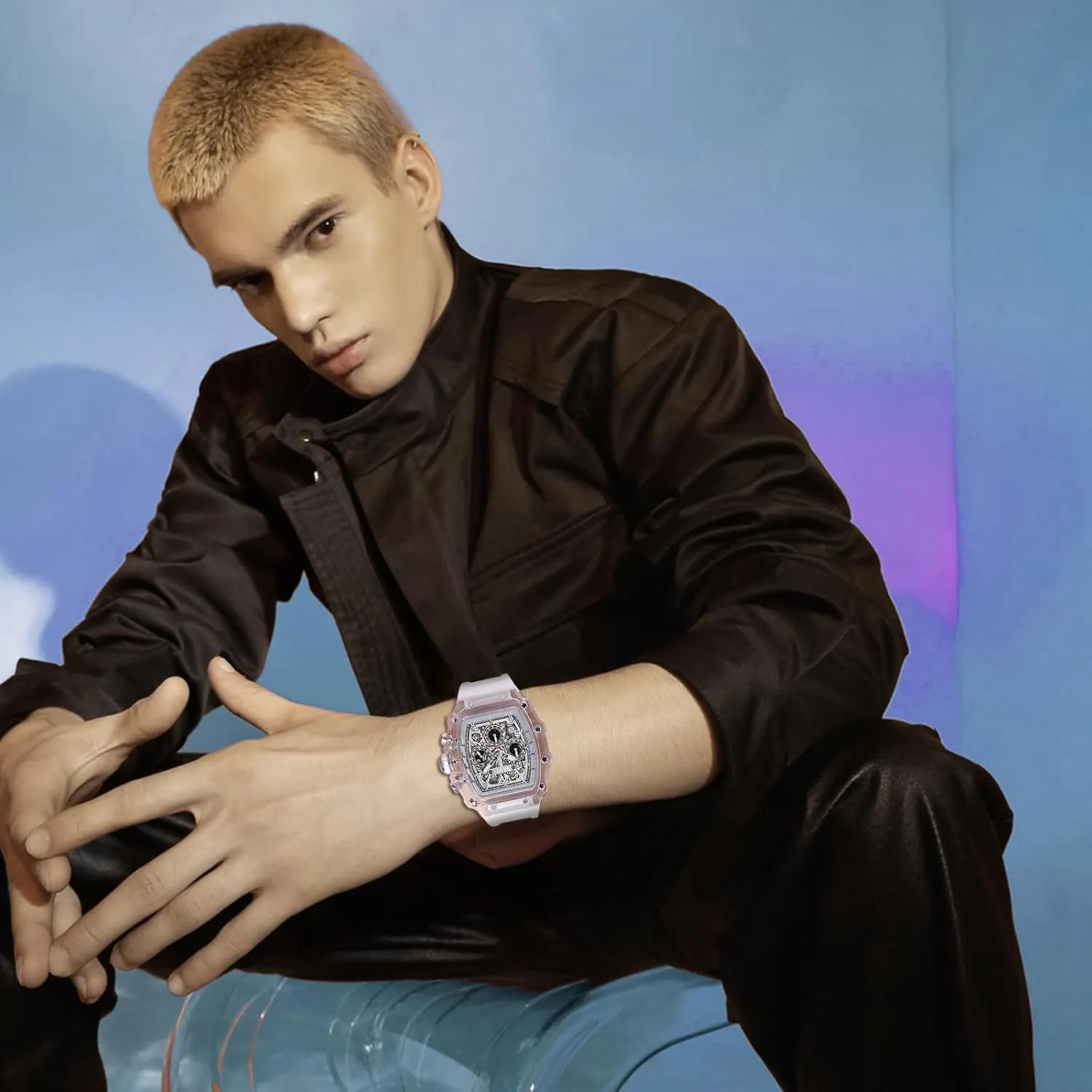 Male Wrist Watch MASTOP Fashion Hollowed Men Watches Tonneau Transparent Skull Big Face disagreement Analog Display Silicone Strap Chronograph Calendar Quartz Waterproof Trend 