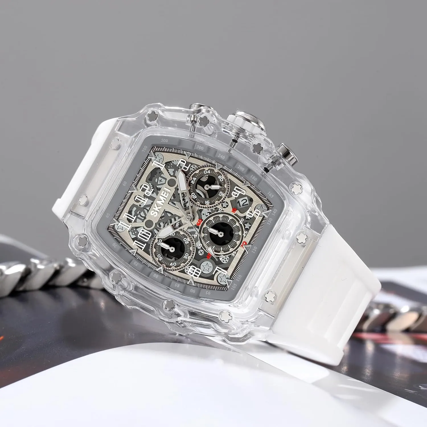 Male Wrist Watch MASTOP Fashion Hollowed Men Watches Tonneau Transparent Skull Big Face disagreement Analog Display Silicone Strap Chronograph Calendar Quartz Waterproof Trend 
