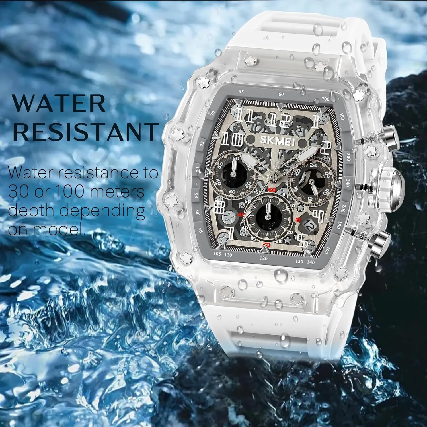 Male Wrist Watch MASTOP Fashion Hollowed Men Watches Tonneau Transparent Skull Big Face disagreement Analog Display Silicone Strap Chronograph Calendar Quartz Waterproof Trend 