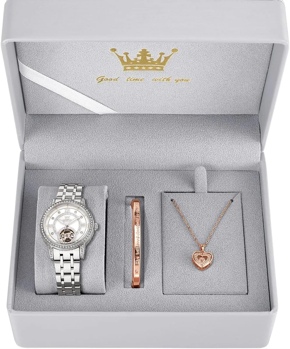 Mechanical Diamond Skeleton Luxury Dress Stainless Steel Silver/Rose Gold Waterproof Luminous Ladies Wrist appointment Watches Gift Set OLEVS Automatic Womens Watches 