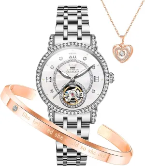 Mechanical Diamond Skeleton Luxury Dress Stainless Steel Silver/Rose Gold Waterproof Luminous Ladies Wrist appointment Watches Gift Set OLEVS Automatic Womens Watches 