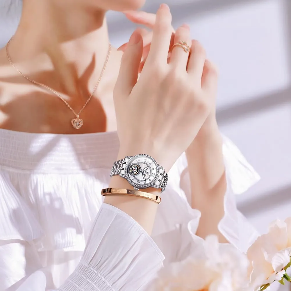 Mechanical Diamond Skeleton Luxury Dress Stainless Steel Silver/Rose Gold Waterproof Luminous Ladies Wrist appointment Watches Gift Set OLEVS Automatic Womens Watches 