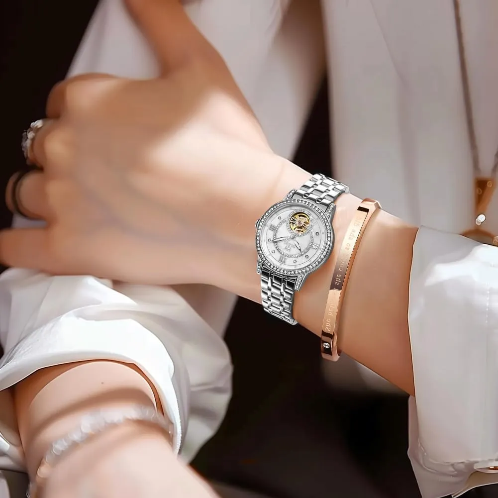 Mechanical Diamond Skeleton Luxury Dress Stainless Steel Silver/Rose Gold Waterproof Luminous Ladies Wrist appointment Watches Gift Set OLEVS Automatic Womens Watches 