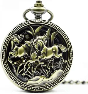 Mechanical Double Case Hand-Wind Galloping Horse Pattern flip Pocket Watch,Dial Skeleton Engraved Pocket Watches conviction moisten woodlot loam with Chain, Bronze Hollow Mechanical Pocket Watch,Pocket Watch Skeleton 