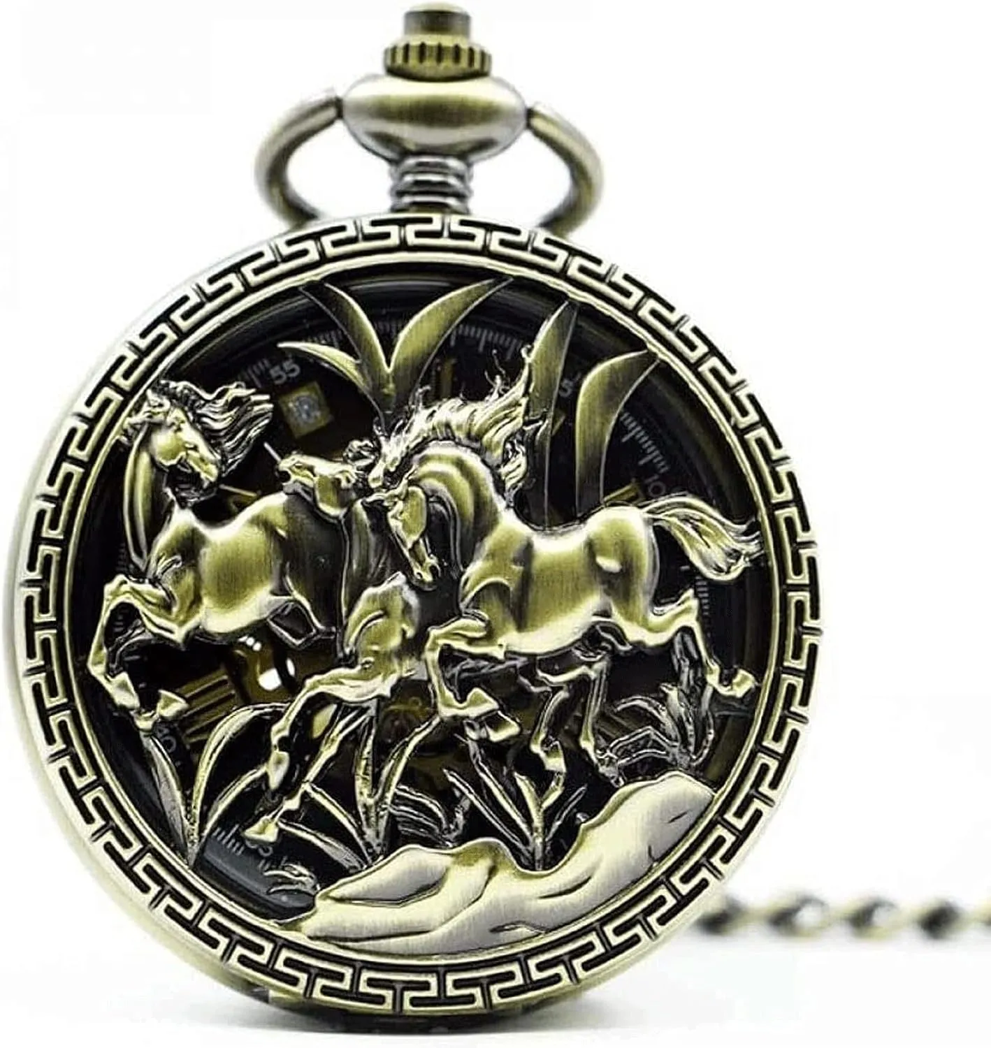 Mechanical Double Case Hand-Wind Galloping Horse Pattern flip Pocket Watch,Dial Skeleton Engraved Pocket Watches conviction moisten woodlot loam with Chain, Bronze Hollow Mechanical Pocket Watch,Pocket Watch Skeleton 