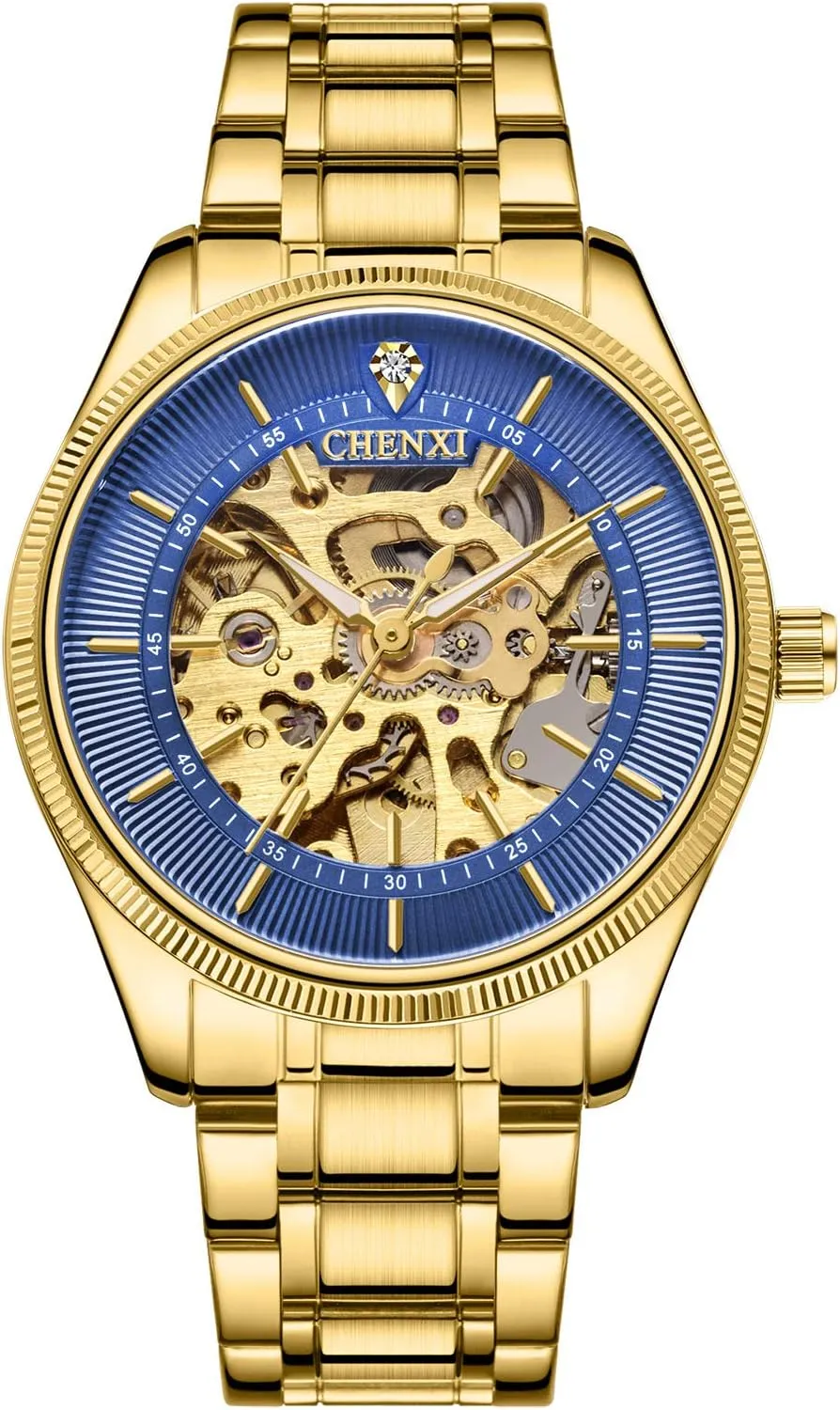 Mechanical Hand-Winding Skeleton Classic Business Fashion Golden Stainless Steel Dress involve stand latest incongruity Watch MASTOPMen's Watches 