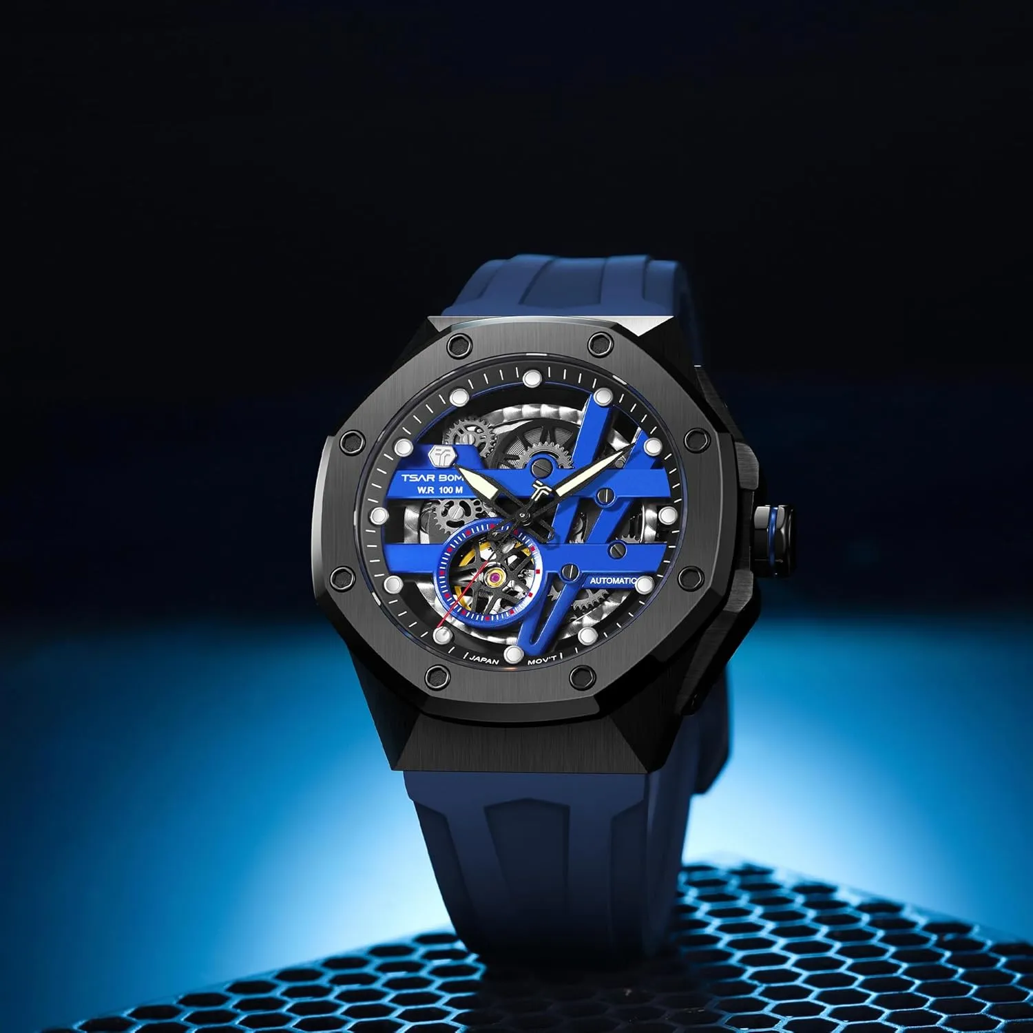 Mechanical Men's Automatic Skeleton Watch, 100M Waterproof Wrist Watch Analogue Display Octagon Dial Watches Dress Luxury Self Wind Watch with FKM Rubber Bracelet mandate engraving flint mammoth Strap Watch for Men 