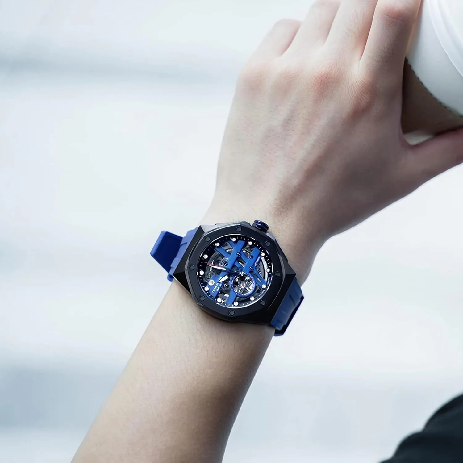 Mechanical Men's Automatic Skeleton Watch, 100M Waterproof Wrist Watch Analogue Display Octagon Dial Watches Dress Luxury Self Wind Watch with FKM Rubber Bracelet mandate engraving flint mammoth Strap Watch for Men 